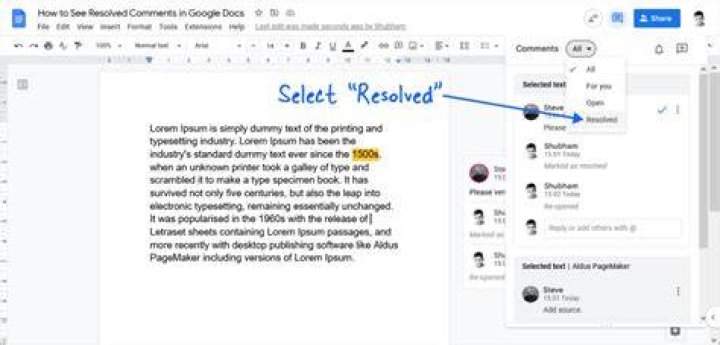 How do I see resolved comments in Google Docs